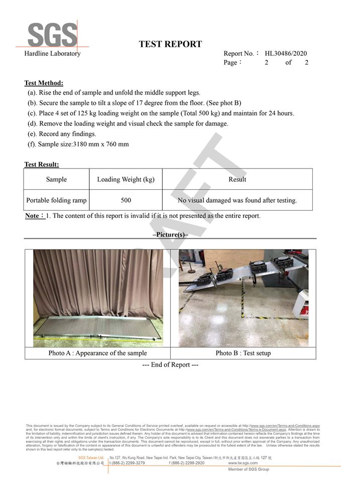 前後折疊式斜坡板取得500公斤SGS承重認證 前後折疊式斜坡板取得500公斤SGS承重認證